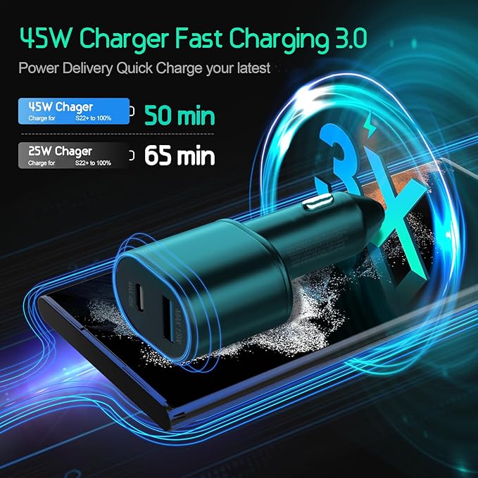 Samsung Super Fast Dual Car Charger (45W+15W) with Super Fast Charging Cable for Samsung Galaxy S26 S25 S24 S22 S21 S20 Ultra Plus Note 10+,Pixel,Note 20,PPS Car Charger