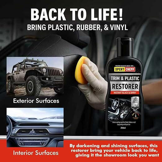 Plastic Restorer for Car with Foam Applicator, Black Trim Restorer, Bumpers and Rubber, Protects Against UV Rays, Long Lasting Shine, No Oily Residue