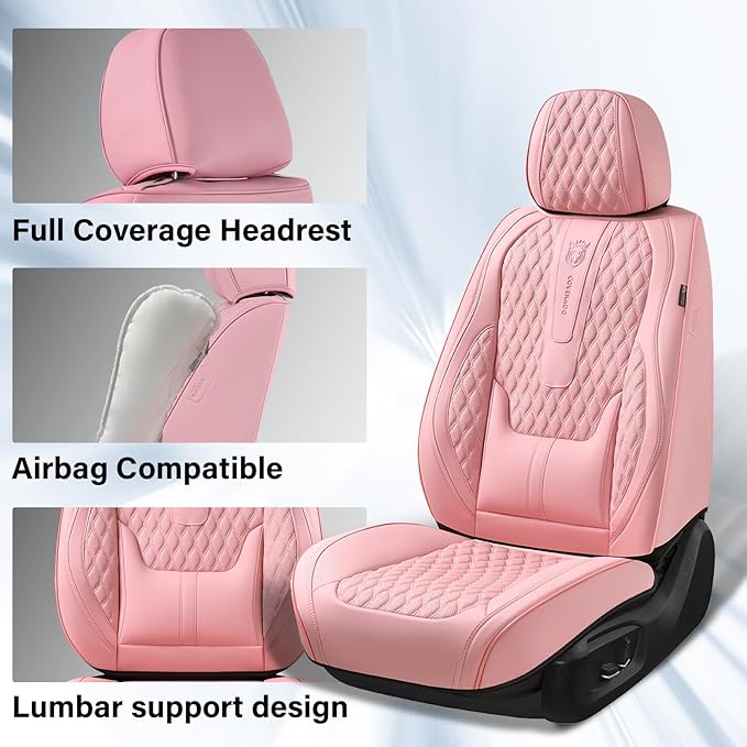 Coverado Seat Covers Front Seats, Pink Car Seat Cover with Lumbar Support, Waterproof Car Seat Cushion, Front Car Seat Covers Leatherette Car Seat Protector Universal Fit Most Cars