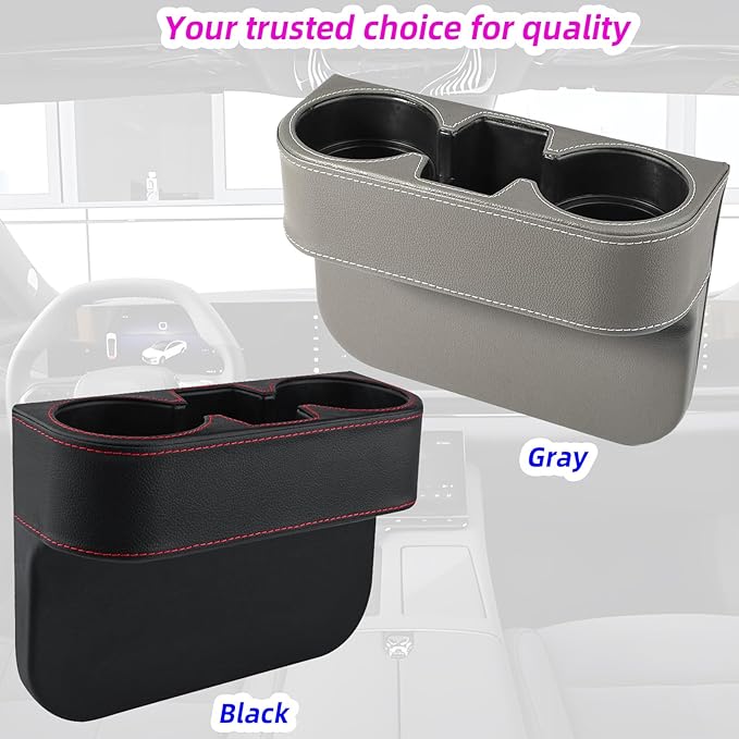 Car Cup Holder Expander & Seat Gap Filler - PU Leather Cover with Stitching, Multifunctional Front Seat Organizer, for Car Truck Van, Holds Large Cups and Phones,Prevent Dropping Items (1Pack, Black)