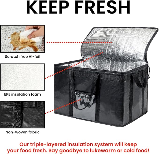 NZ home Insulated Bags for Food Delivery (3XL PRO) Grocery Shopping Cooler Bag, Pizza Delivery, Hot & Cold Catering Tote, Reusable, Foldable & Heavy Duty (Black)