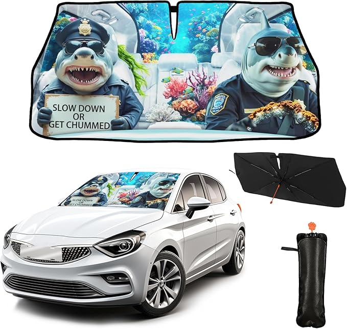 CHILL·TEK Funny Animal Car Windshield Sun Shade Umbrella, Funny Sharks Car Sun Shade Umbrella, Block UV Rays Heat Foldable Windshield Umbrella Sun Visor Protector - Keep Vehicle Cool for Cars SUV