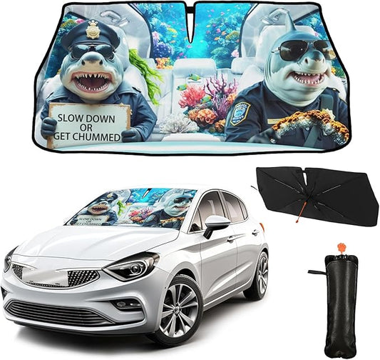 CHILL·TEK Funny Animal Car Windshield Sun Shade Umbrella, Funny Sharks Car Sun Shade Umbrella, Block UV Rays Heat Foldable Windshield Umbrella Sun Visor Protector - Keep Vehicle Cool for Cars SUV