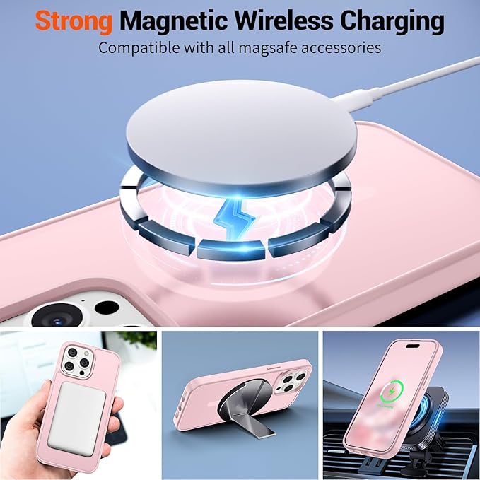 SUPFINE Magnetic for iPhone 15 Pro Case with Screen Protector (Compatible with MagSafe) (Military Grade Drop Protection) Translucent Matte Shockproof Phone Cover,Light Pink