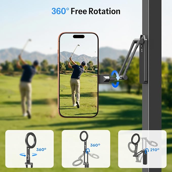 OMOTON CV08 Magnetic Golf Cart Phone Mount with [1/4” Screw + 5.6” Extendable Arm], 360° Rotatable Holder, Strong Magnets for iPhone & Samsung, Fits EZ-GO/Club Car, Includes Pouch & Strap (Black)