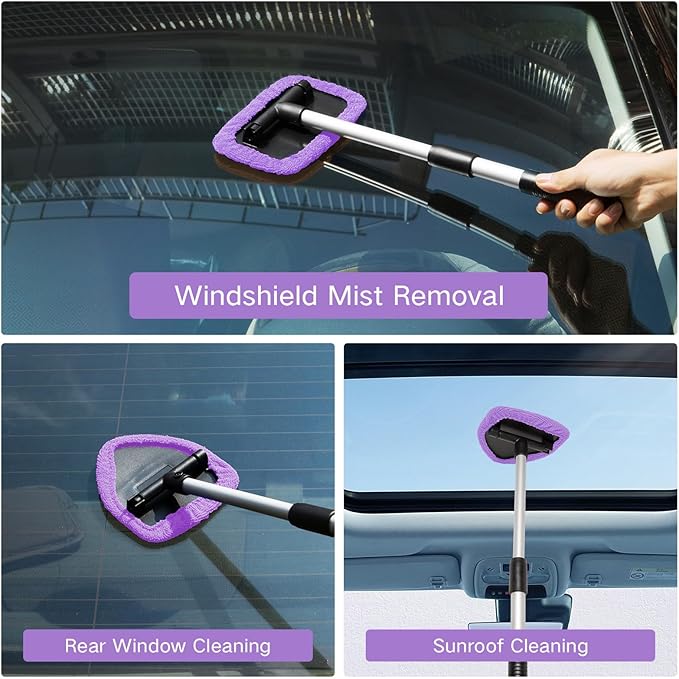 Qydipclin 10pcs Windshield Cleaner Tool, Car Window Cleaning Wash Kit with 4 Reusable Microfiber Pads 1 Spray Bottle and Extendable Handle Auto Glass Wiper Kit, Purple