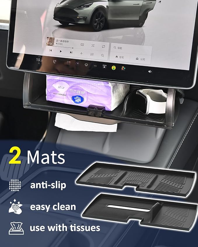 Hidden Under Screen Storage for Tesla Model Y 2020-2026 Juniper Interior Accessories, Model 3 Highland Center Console Organizer with Push-Latch & Dampers, Smooth Opening, Rattle-Free, 2 Black Mats