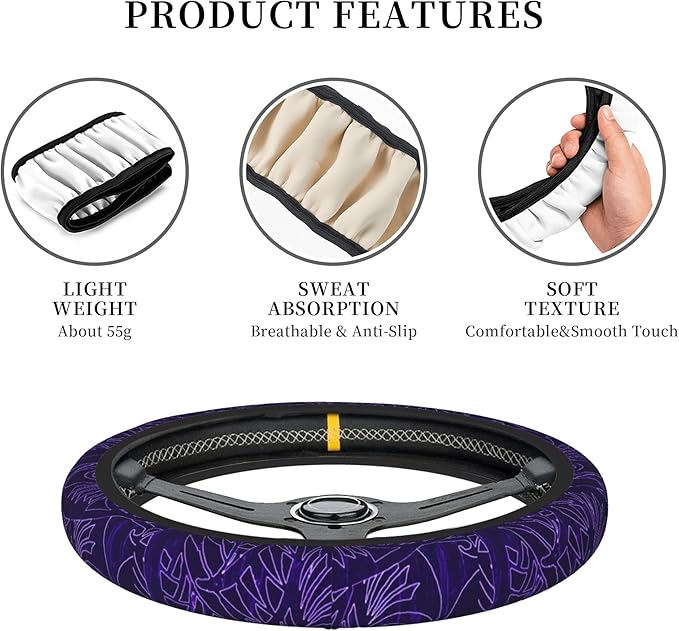 Purple Tapa Partten Car Steering Wheel Cover for Women Men 14-15 Inch Stretch Cloth Anti-Slip Wrap Protector Case Fit Universal Auto Accessories Decor Sweat Absorption (No Tools Needed)