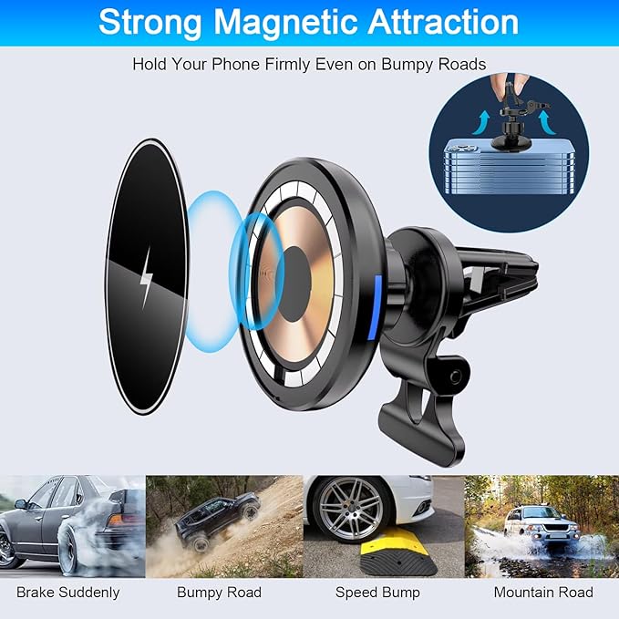Magnetic Wireless Car Charger Mount,Compatible with MagSafe Car Charger,15W Fast Charging Air Vent Car Phone Holder for iPhone 16 15 14 13 Pro Max Plus MagSafe,Car Accessories(with 60W Car Adapter)