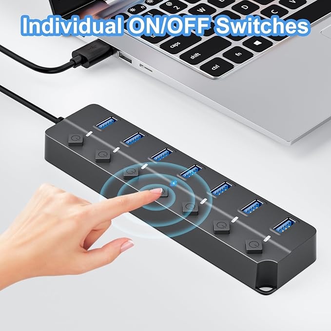 ONFINIO USB Hub 3.0, 7-Port USB Hub Splitter with Individual On/Off Switches and Lights, 3.2ft/1m Long Cable Compatible with MacBook, Laptop, Surface Pro, PS4, PC, Flash Drive, Mobile HDD-Gray
