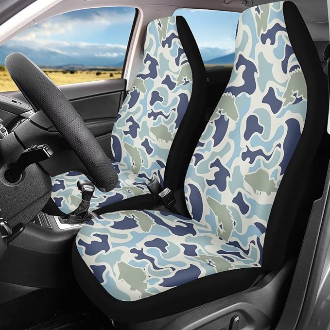 ELEQIN Fish Camo Car Front Seat Covers, 2 Pack Polyester Automotive Seat ProtectorsSoft & Breathable, Automotive Interior Accessories for Most Cars