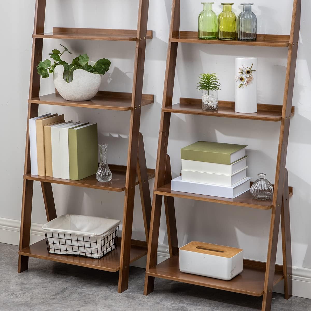 Maydear Bamboo Ladder Shelf Bookcase, 5-Tier Leaning Bookshelf Free Standing Organizer Storage Shelves for Living Room, Bedroom, Kitchen, Home Office, Balcony, Walnut