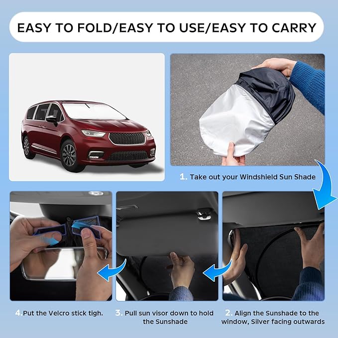Sun Shade Sunshade for Chrysler Pacifica Minivan 2017-2024 2025 2026 Windshield Cover, 2-Layers Sun Shield 240T Silver Coating Sun Visor Foldable Window Shade Blocks UV Rays Car Accessories