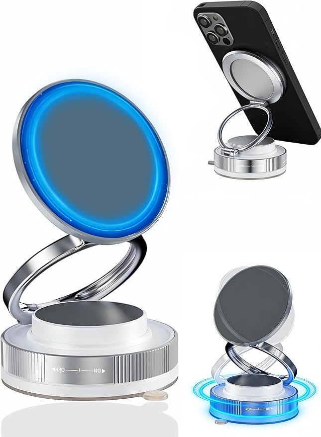 Vacuum Magnetic Car Phone Holder with Strong Magnets, 360° Adjustable Dash Cell Phone Holders, Foldabl Magsafe Car Mount with Vacuum Suction Cup for Cars/Gym/Mirror/Smooth Surface iOS Android, Silvery