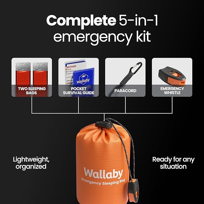 Wallaby 2-Pack Emergency Mylar Sleeping Bags with Nylon Pouches, Whistle Pull & Paracord with Carabiners, Free Survival Guide