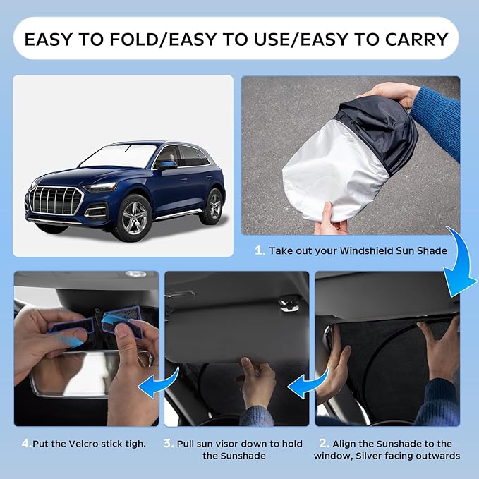 Sun Shade Sunshade for Audi Q5 2018-2024 2025 2026 Windshield Cover, 4-Layers Sun Shield for Q5 SQ5 Premium, Premium Plus, Prestige Crossover SUV Winter 250T Silver Coating Sun Visor Car Accessories