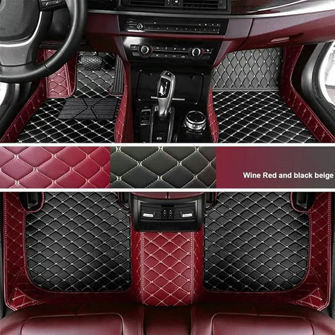 Custom Personalized Floor Mats for Cars - Luxury Full Coverage All Weather Mats, Anti-Slip Leather Mat Set, Fit for 99% of Cars, SUVs & Trucks (Wine Red, C-Double Color)