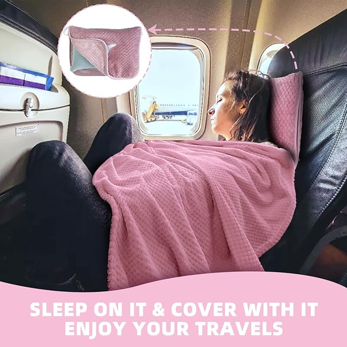 3 in 1 Travel Blanket Pillow Set - 350 GSM Thick Travel Blanket Airplane Compact with Bag, Soft Bag with a Pocket, Inflatable Travel Pillow for Camping & Car Trip (Blush Pink)