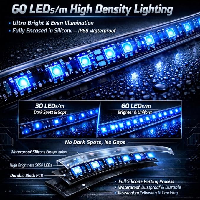 12V Marine Boat LED Light Strip Super Bright, 2 Pack 6.56FT IP68 Fully Waterproof RV Front Cap Lights, Golf Cart Underglow Roof Lights Strip for Truck ATV UTV SUV Car Pickup Trailer, Cuttable, Blue