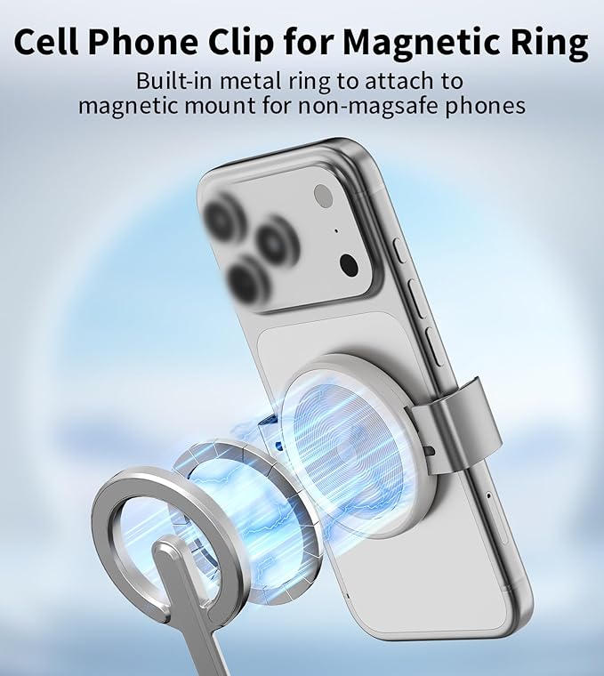 TONEOF Phone Clamp for Magnet with Metal Ring,Phone Mount Adapter for Magsafe Car Phone Holder,Quick Installation & Easy Removal Clip for All Phones/Magnetic Tripod/Magnet Mounts (Beige Gray,1 Pack)