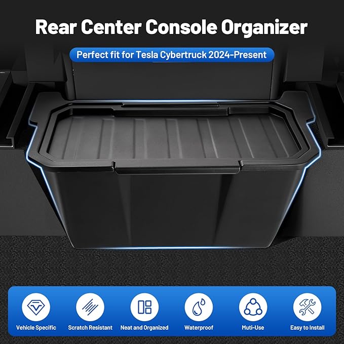 Canvcle Rear Floor Storage Box for 2024 2025 2026 Tesla Cybertruck Accessories, 2nd Row Floor Storage Bin TPE Backseat Storage Box Rear Center Console Organizer with Anti-Slip Lid Cover Trash Can