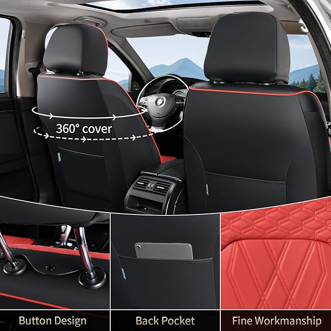 FLORICH Universal Seat Cover Full Set Leather Seat Covers 5 Seats Waterproof Seat Protector Car Seat Cushion Driver Seat Cover Universal Fit for Most Car Truck SUV, Black&Red