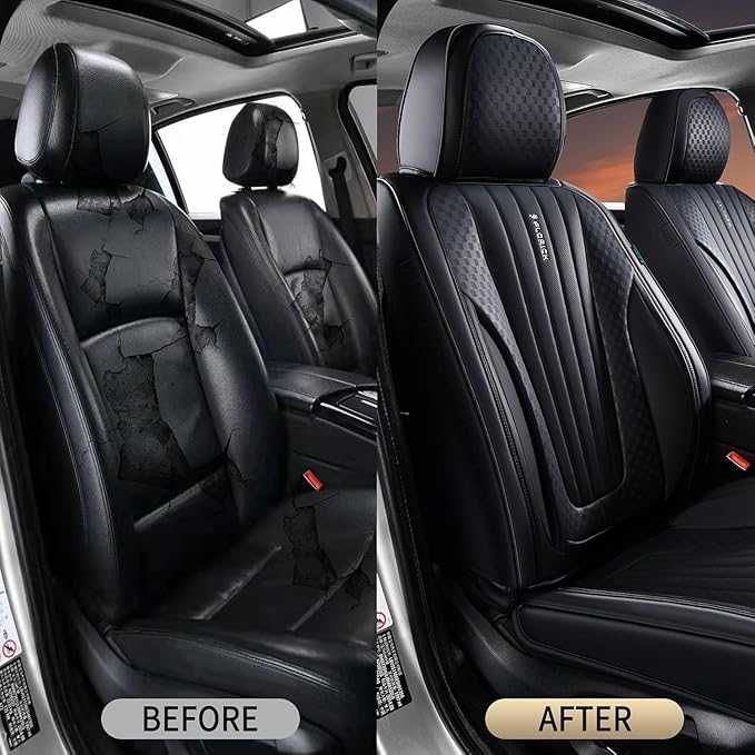 FLORICH Car Seat Covers, Black Leather Car Seat Covers Front Seats, Premium Leatherette Car Seat Cushion for Cars, Automotive Seat Protectors Universal Fit for Most Sedans Cars SUV Trucks