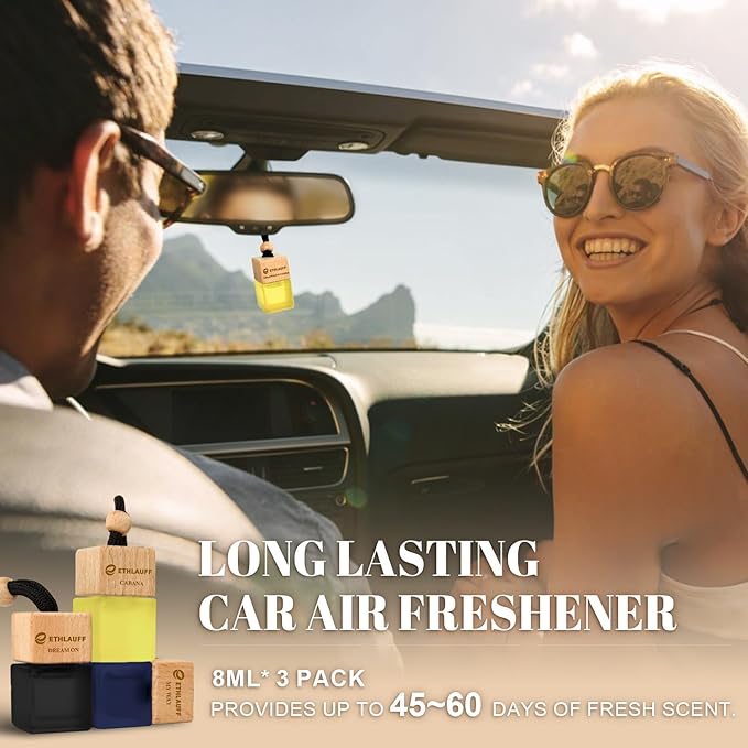 Car Air Freshener Hanging, 3 Pcs Teakwood Mahogany, Sandalwood & Oud, Cedarwood & Cypress, Wooden Scent Air Fresheners Diffuser for Car, 45+ days Long Lasting Fragrance, 0.27 FL OZ/8ML
