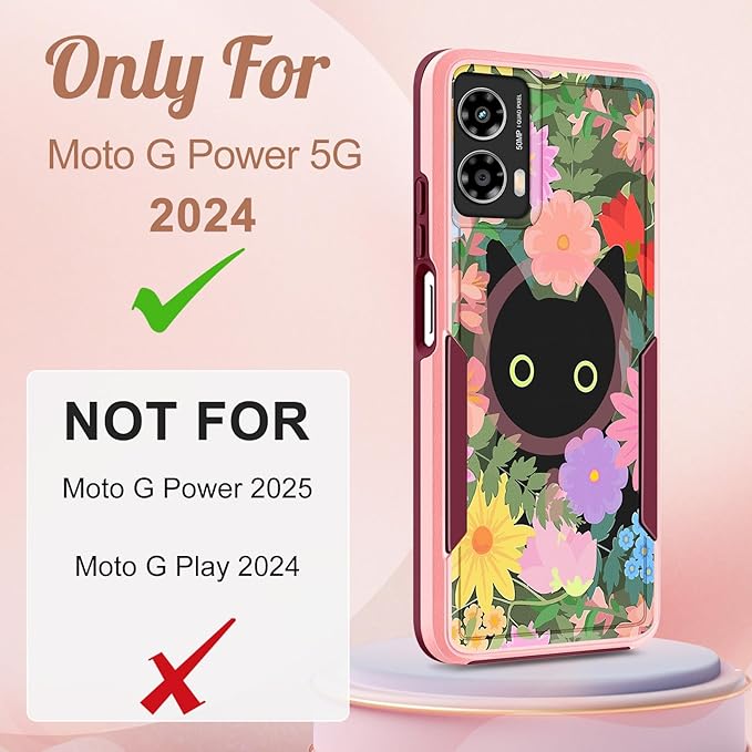 for Moto G Power 5G 2024 Case - Compatible with MagSafe Women Girls Cute Magnetic Phone Cover Girly Cat Flower Floral Heavy Duty Shockproof Design for Motorola Moto G Power 5G 2024 Cases