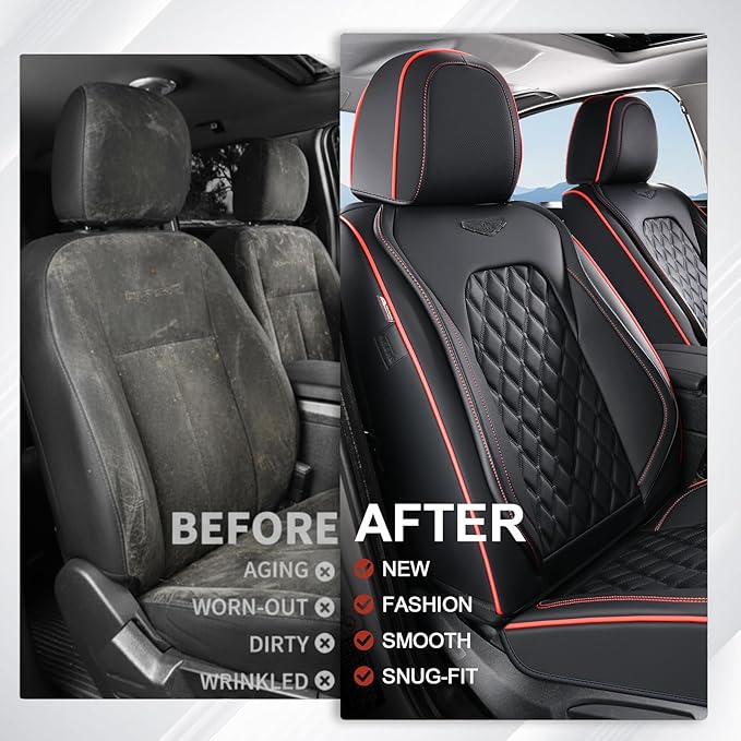 Coverado Full Set Car Seat Covers, Luxury Faux Leather Waterproof Seat Covers, 5-Seat Universal Fit, Front & Back Car Seat Protectors,Leather Seat Covers for Most Cars-Black & Red Line