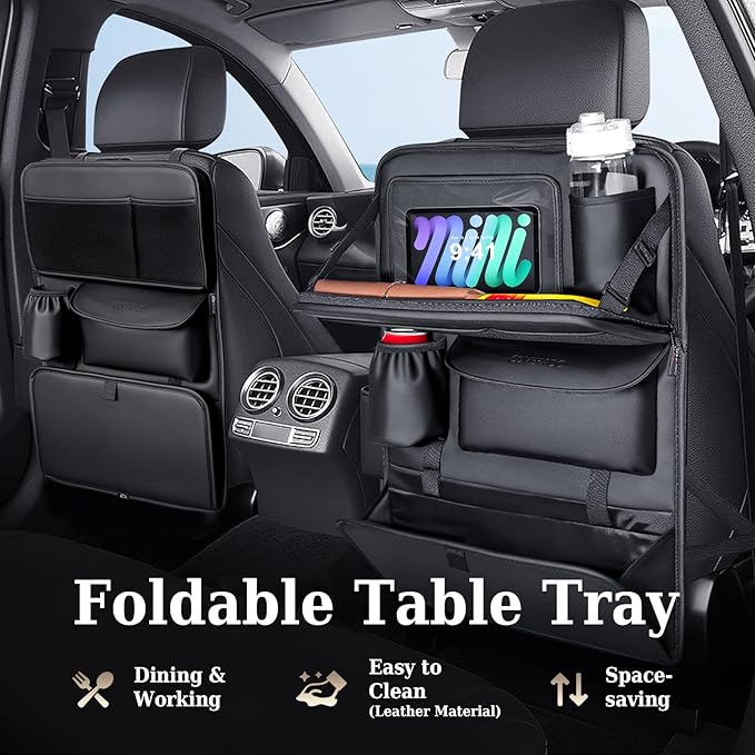 Coverado Backseat Car Organizer, Nappa Leather Car Seat Organizer with Touch Screen Tablet Holder, Foldable Food Tray, Kick Mats Protector, Multi Car Storage Accessories, Garbage Bag Holder-1 Pack