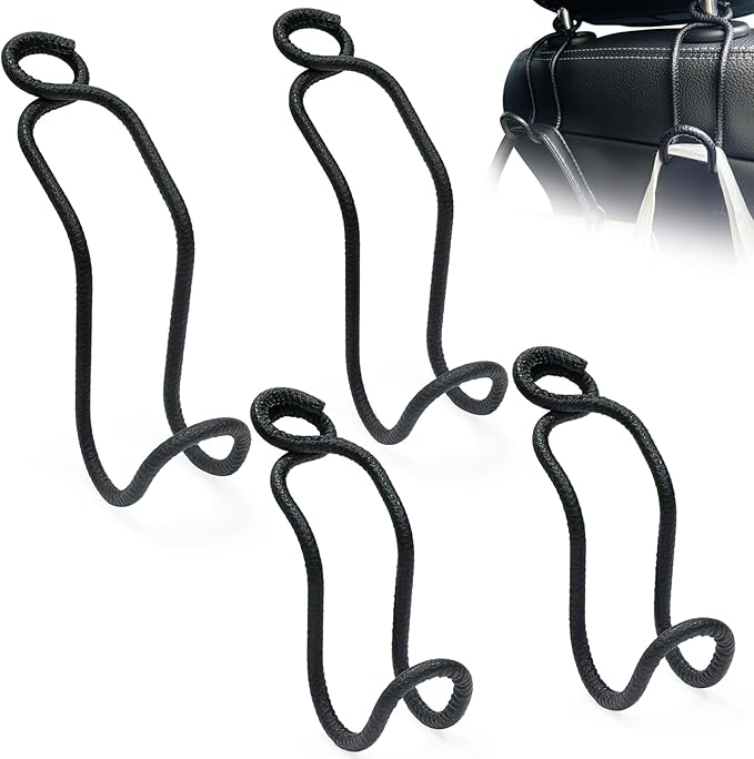 Idefair Car Headrest Hooks, 4 Pack Universal Car Hooks for Bag Purse Groceries, Heavy Duty Car Seat Back Storage Organizers Holds Up to 60LBS/Per Hook - Black Leather/2S+2L