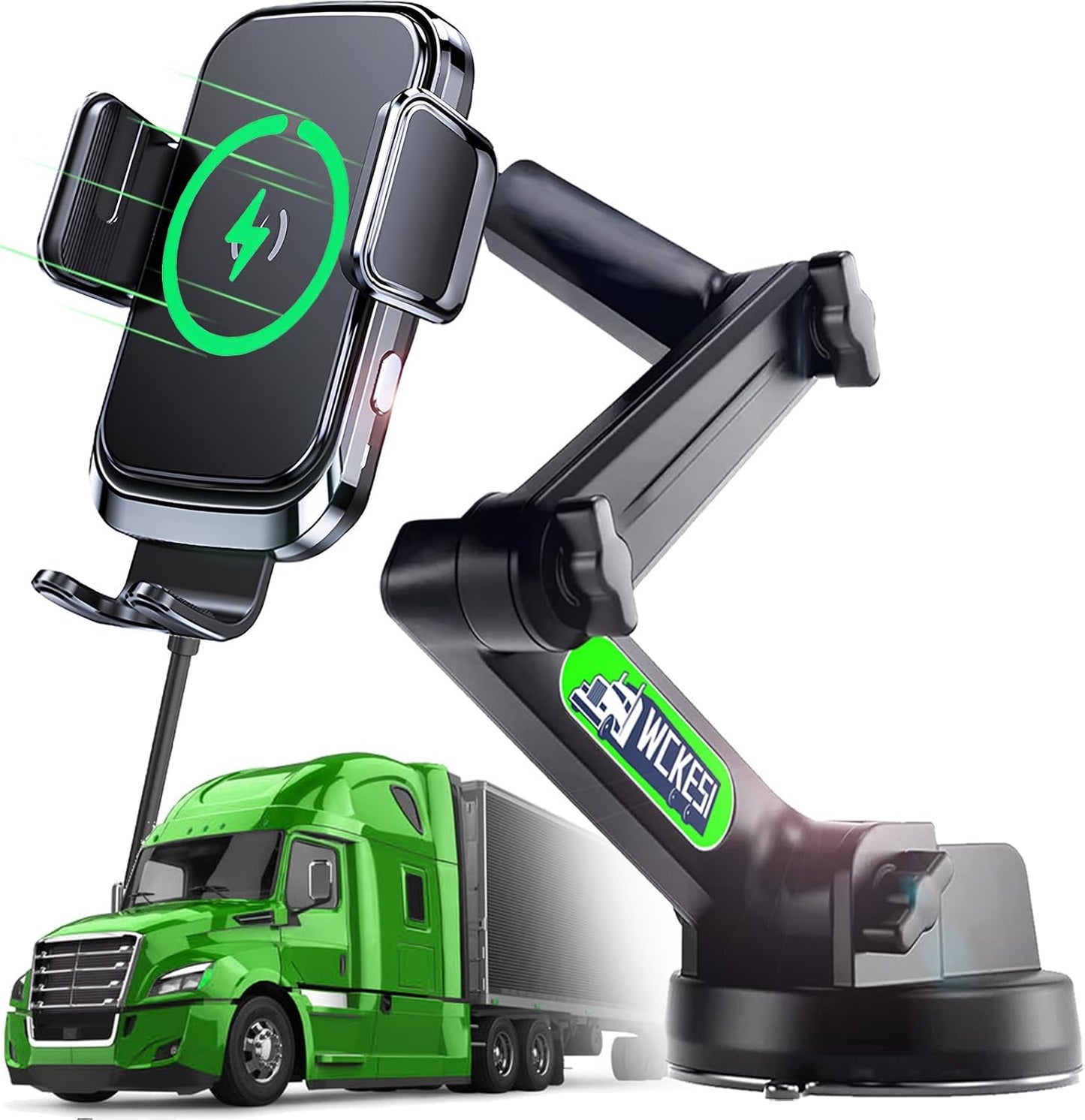 Truck Phone Holder Mount Wireless Charger Heavy Duty for Car 15W Smart Fast Charging 14 inch Long Arm Pickup Truck Windshield and Dashboard,Truck Accessories,for iPhone Samsung LG