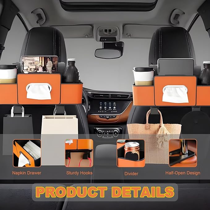 Car Back Seat Organizer, Multifunctional Car Seat Back Storage Box with 2 Cup Holders, Tissue Box for Hold Phones,Snacks, Drinks, Handbags (Brown)