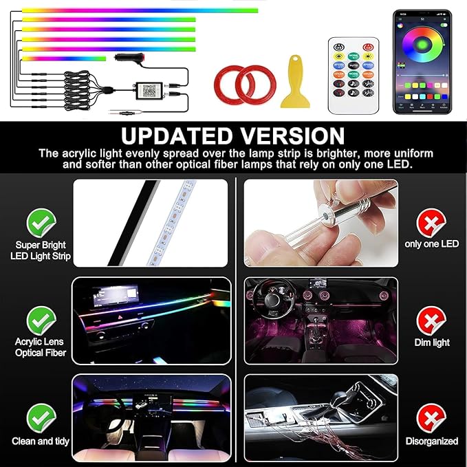 Interior Car LED Strip Lights, Acrylic LED Lights RGB Dreamcolor 6 in 1 with 175 inches 593 LEDs Fiber Optic Ambient Lighting Kits,APP and Remote Control 16 Million Colors Car Neon Lights