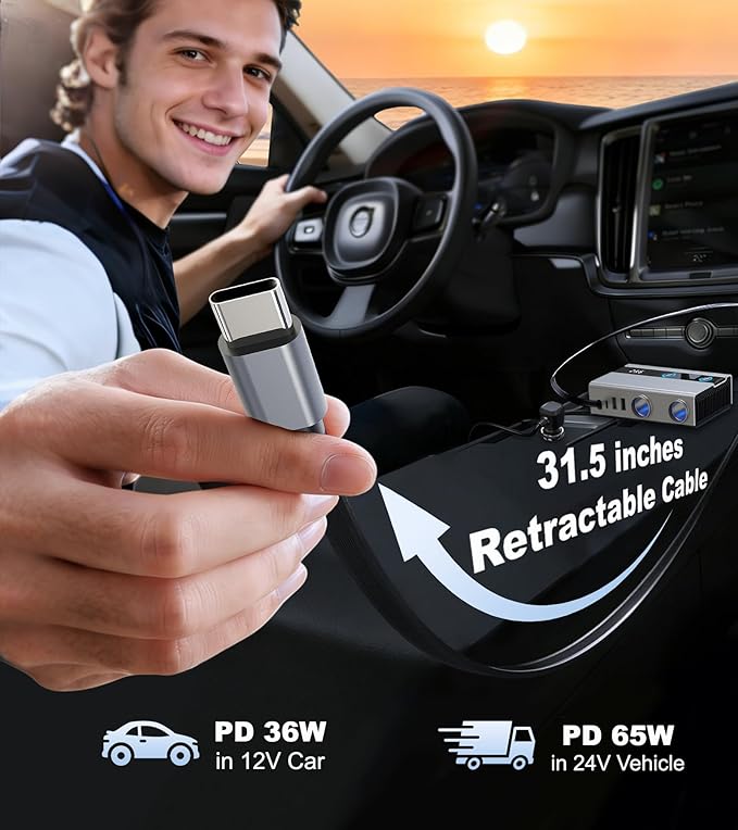 Retractable Cigarette Lighter Splitter, USB Car Charger Adapter with PD 65W, 2 Sockets with Independent Switches, TSNAM 12V/24V Car Splitter with LED Display