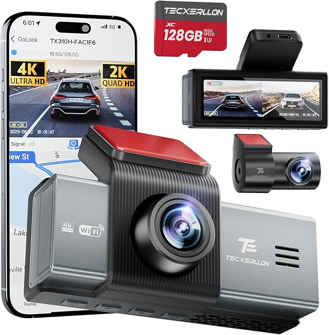 TECXERLLON 4K Dash Cam Front and Rear with ADAS Assist, Free 128GB Card Included, Built-in GPS & 5G WiFi, G-Sensor, Dash Camera with No-Light Night Vision,170°/150° Wide View, 24H Parking Mode