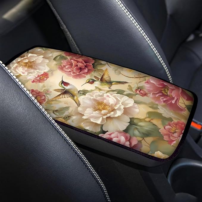 Flower Cute Hummingbirds Auto Armrest Box Cover Car Arm Rest Seat Storage Box Mat Arm Rest Cushion Pads Dog & Cat Paws Protector for SUV/Truck Vehicle