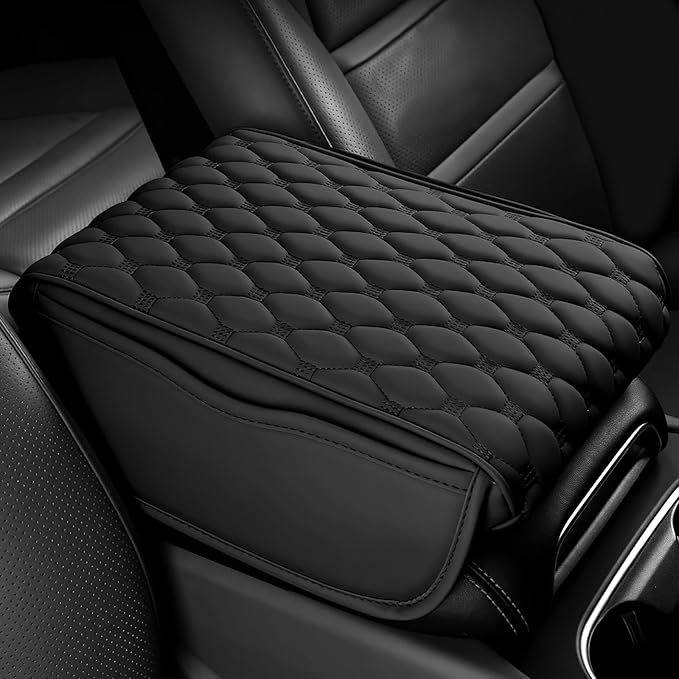 wuyaoyao Car Center Console Cover, 12.13"×8.66"×3.74" Leather Car Armrest Cover with with 2 Side Pockets, Memory Foam Soft Auto Armrest Cushion Pad, Universal Vehicle Arm Rest Protector (Black)
