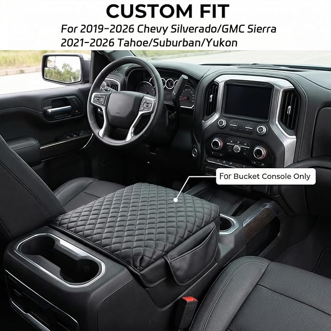 Center Console Cover with Side Pocket for 2019-2026 Chevy Silverado/GMC Sierra and 2021-2026 Tahoe/Suburban/Yukon, Car Armrest Cushion Pad Leather Protective Cover (for Bucket Seat Consoles)
