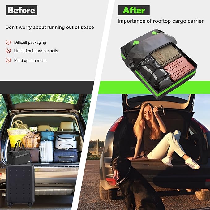 OceanCross Car Rooftop Cargo Carrier Bag, Green Rooftop top Cargo Carrier Bag 15 Cubic feet Waterproof for All Cars with/Without Rack, Includes Anti-Slip Mat, 8 Reinforcement Straps, Luggage Lock