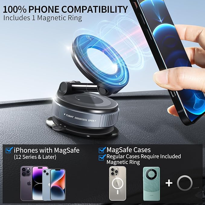 ILKCC Vacuum Suction Magnetic Phone Holder, 2025 Upgraded Vacuum Suction Cup Mount for Magsafe, 360° Adjustable Foldable Portable Magnetic Car Phone Stand for Cars/Gyms/Mirrors/Smooth Surface (White)