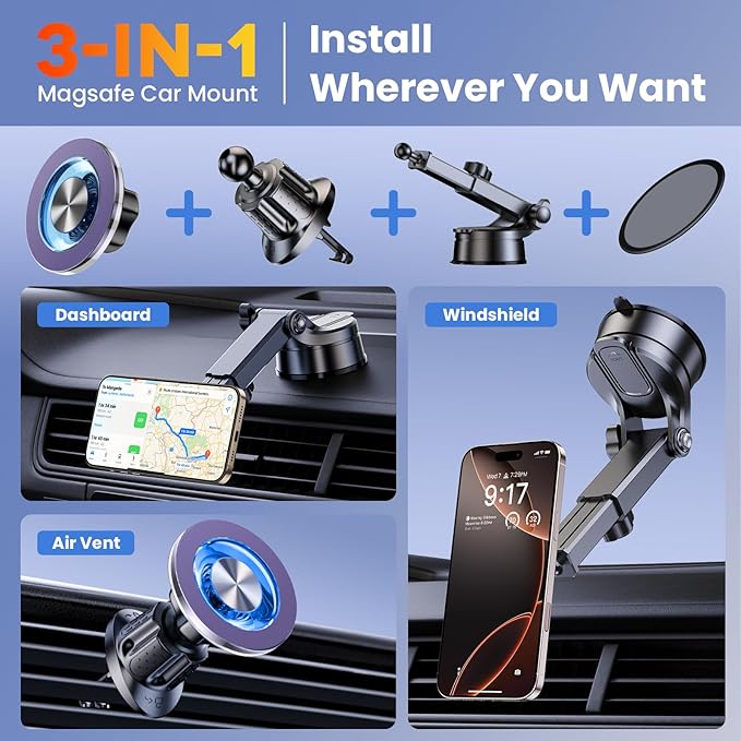 for MagSafe Magnetic Phone Holder for Car [2026 Upgraded Strongest Magnet] Car Mount Cell Stand for Dashboard Windshield Vent Compatible with iPhone 17/16/15/14/13/12 Android etc-Purple