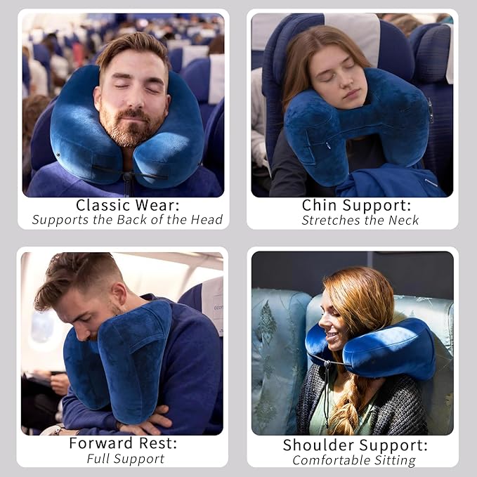 H-Shaped Travel Pillow with Snap-On Hood – Ergonomic Neck Support with Plush Velvet Cover, Instant Inflation & Compact Bag – for Airplane, Car, Office & Long Trips (Blue)