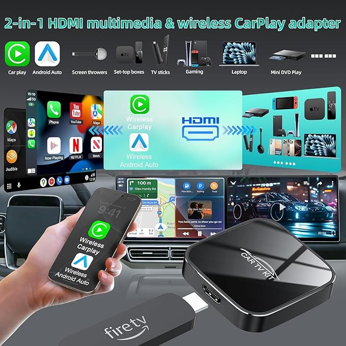 Car TV Mate Pro with Wireless CarPlay and Android Auto Adapter,Upgrade HDMl Multimedia Adapter for TV Stick Converter,HDMI Car Play Dongle (Black)