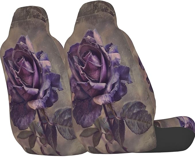 Delerain Car Seat Covers Set 2Pcs, Purple Rose Vintage Universal Front Car Seats Vehicle Enterior Protector Suitable Fits Most Car Auto SUV Sedan Truck