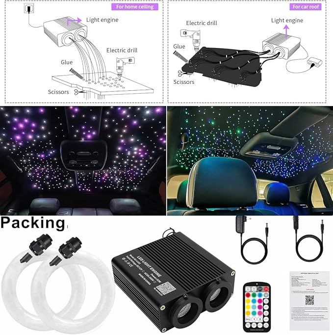 AZIMOM Dual Color 32W Sound-Activated Mix860pcs Fiber Optic Starlight Headliner Kits 13.1ft Fiber Strands APP/Bluetooth Remote Control Star Ceiling Car Home Roof Decor