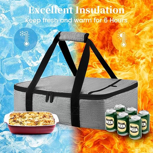 Bodaon Casserole Carriers for Hot or Cold Food, Fits 11"x15"Baking Dish, Bottom Support, Cationic fabric, Portable Warmer for Travel, Keep Warm Food Containers,Keeps Food Hot for Hours, Grey