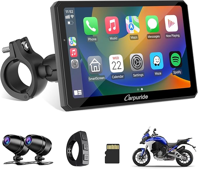 Carpuride W712D Motorcycle Carplay Screen with HD 1080 Dual Dash Cam, Wireless Car Play and Android Auto, 7" Waterproof Rotatable Navigation Touchscreen, Loop Recording, Bluetooth, Wired Controller