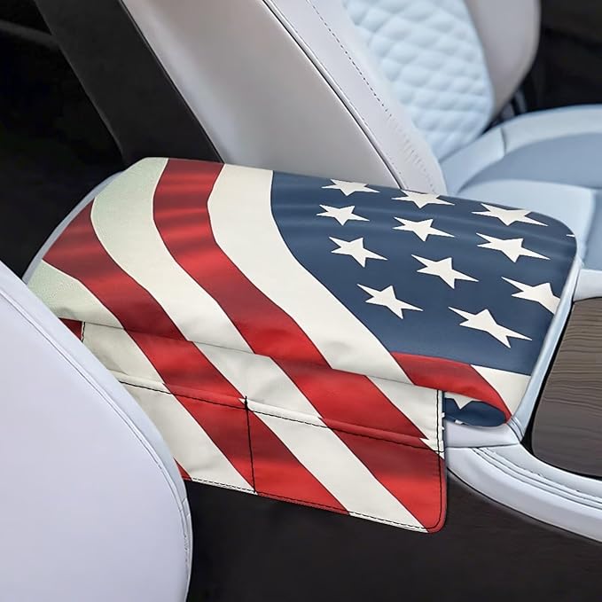 Auto Center Console Cover Universal Car Armrest Pad with Pockets, American Flag Print Universal Automotive Interior Accessories for Most Vehicle SUV